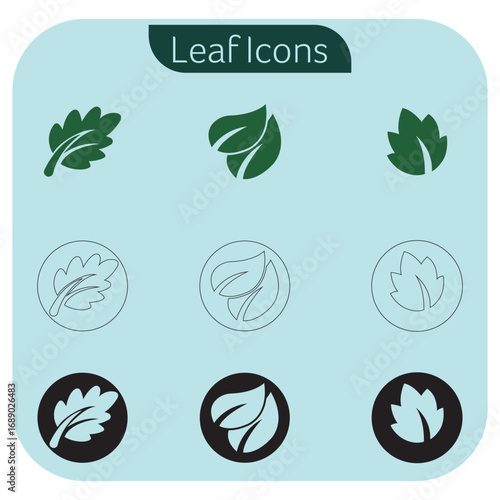 Set of green leaf icons. Green color. Leaf green color icon logo. Leaves on white background. Ecology. Vector illustration.