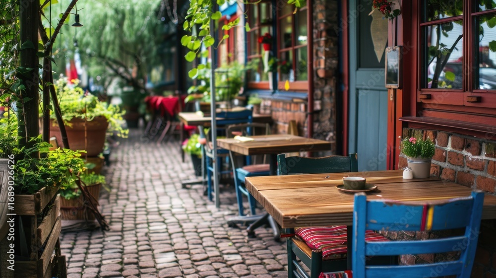 Obraz premium A cozy outdoor cafe with wooden tables and chairs, green and red plants, and a brick path leading to a door with a red frame.