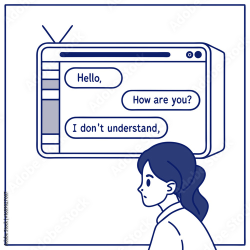 Young Woman Looking at Retro Television with Chat Messages