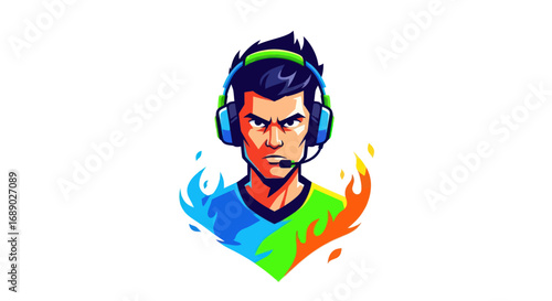 Focused Gamer with Headset and Fiery Aura, Ready for Competition.