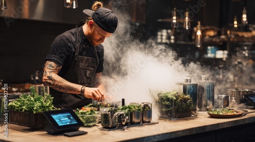 Fototapeta Naklejka Na Ścianę i Meble -  Chef using advanced smoker to flavor fresh ingredients