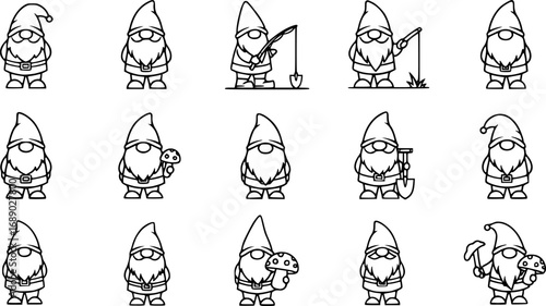 A set of outline vector icons for a garden gnome.


