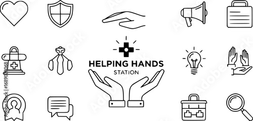 A set of outline vector icons for a helping hands station.


