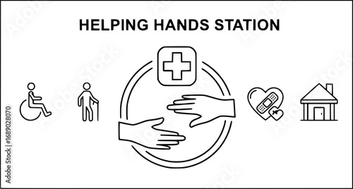 A set of outline vector icons for a helping hands station.

