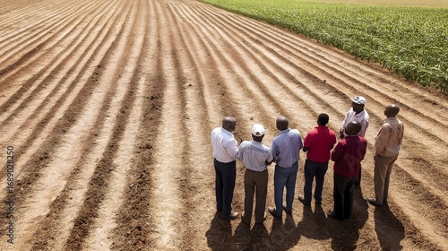 Farmers discussing crop planting techniques in a rural field