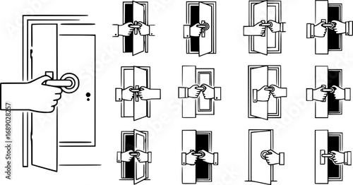 A set of outline vector icons for a hand opening a door.

