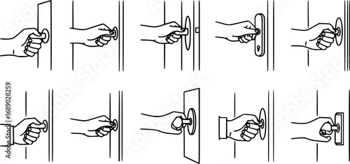 A set of outline vector icons for a hand opening a door.

