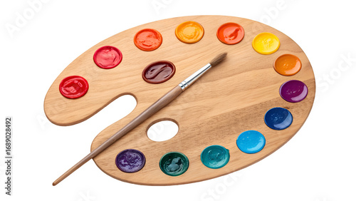 Artist wooden palette with colorful paints and brush isolated on transparent background PNG