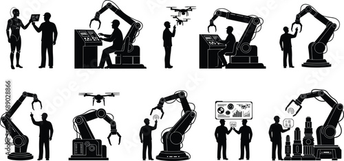 Futuristic industrial automation with robotic arms, human workers, AI robot, drones, smart technology, data analytics, advanced manufacturing, collaborative robots