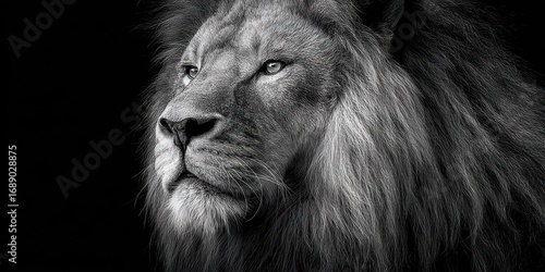 Wallpaper Mural Majestic lion portrait captured in black and white showcasing powerful features and serene expression against a dark background Torontodigital.ca