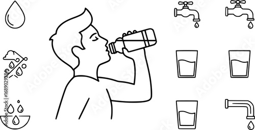 A set of outline vector icons for a person hydrating with a water bottle.

