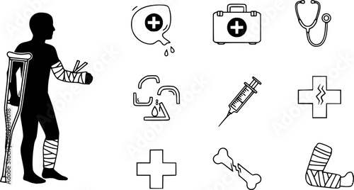 A set of outline vector icons for an injured person with a bandaged limb and a crutch.

