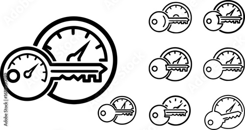 A set of outline vector icons for a key biting gauge.


