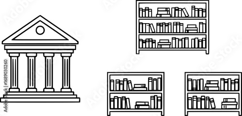 A set of outline vector icons for a library building with bookshelves.


