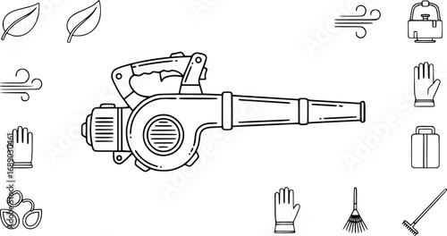 A set of outline vector icons for a handheld leaf blower.



