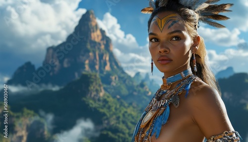 Beautiful Indigenous Woman in Traditional Attire with Mountain Landscape in Background