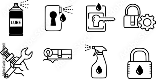 A set of outline vector icons for a lock lubricant spray.

