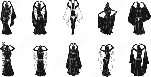 Belly dancers in elegant poses with flowing veils, traditional costumes, cultural dance, female silhouettes, festive performance, exotic Middle Eastern dance art.