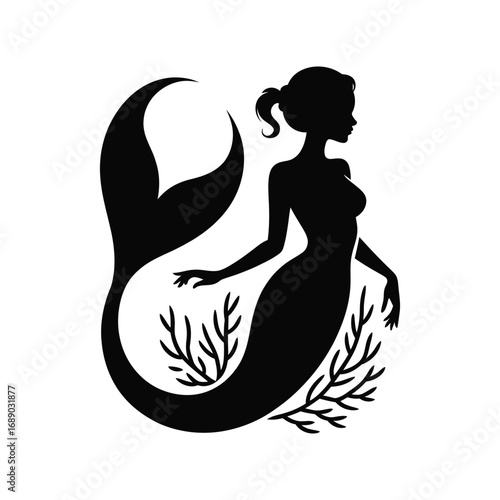 Mermaid Silhouette Illustration with Coral Reef Underwater Creature Mythical Being Art
