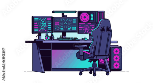 Modern Gaming Setup with Triple Monitor Display and Ergonomic Chair.