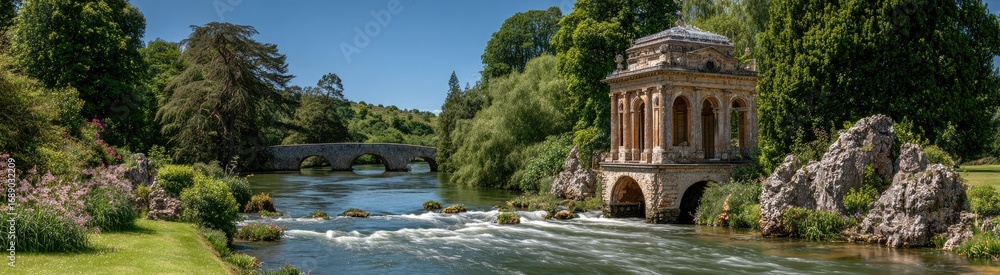 Fototapeta premium Panoramic view of a serene garden with a flowing river, a stone bridge, and a picturesque gazebo.