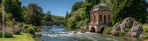 Panoramic view of a serene garden with a flowing river, a stone bridge, and a picturesque gazebo.