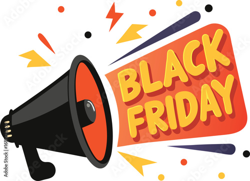 Black Friday Announcement Megaphone vector with Text Isolated on a transparent background