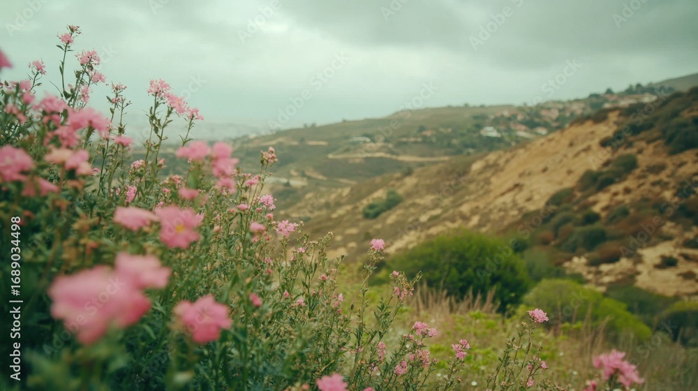 Obraz premium Beautiful Mountain Landscape with Pink Wildflowers and Rolling Hills under Cloudy Sky
