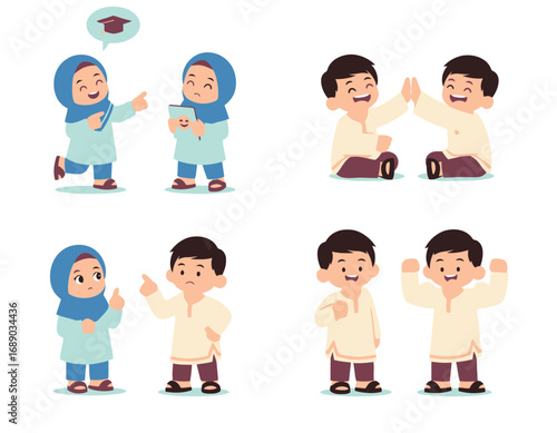 Hand draw flat design muslim kids illustration