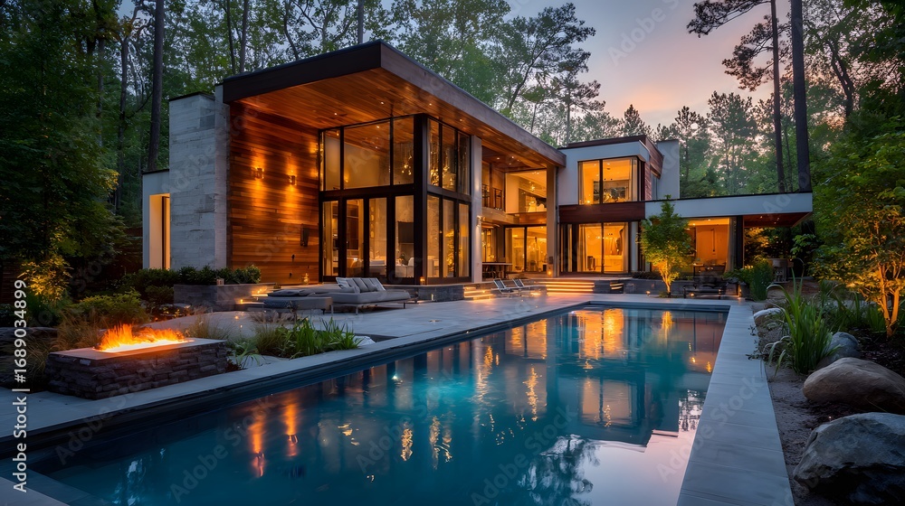 Obraz premium Breathtaking modern architectural masterpiece is nestled in a forest at dusk, featuring floor-to-ceiling windows and a reflecting infinity pool.