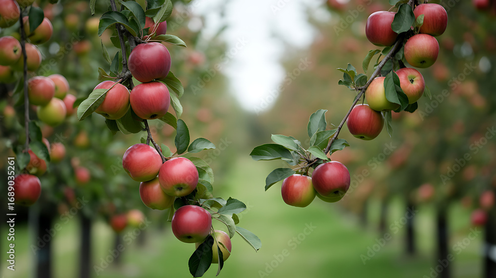 Fototapeta premium Heavy branches laden with ripe red apples frame a view down a long row of trees in a tranquil orchard.