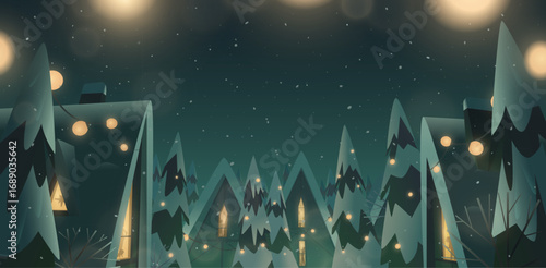 Christmas postcard vector illustration showing a magical holiday night with glowing windows, garlands, snow, cozy homes, festive lights, and a warm joyful atmosphere. Perfect seasonal greeting art.