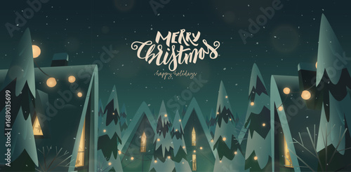 Christmas postcard vector illustration showing a magical holiday night with glowing windows, garlands, snow, cozy homes, festive lights, and a warm joyful atmosphere. Perfect seasonal greeting art.