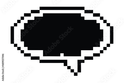 Pixel Speech Bubble, White Outline and Black Fill on a White Background