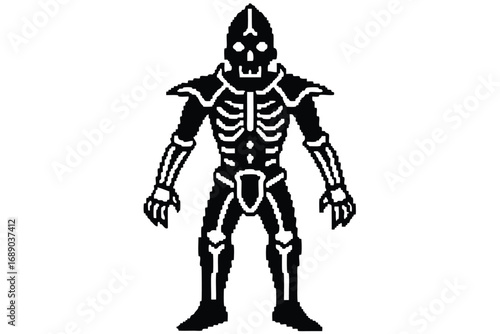 Pixelated Armored Skeleton Standing in Attention on White Background