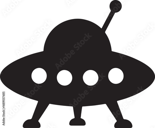 Classic flying saucer alien spacecraft with antenna and lights silhouette