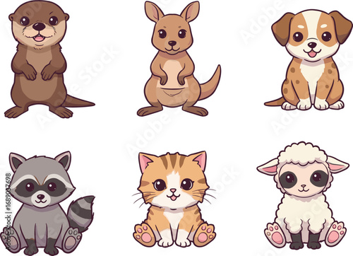 Cute cartoon animals collection with smiling faces, kawaii style illustration, adorable pets and wildlife characters, isolated design for children, vector