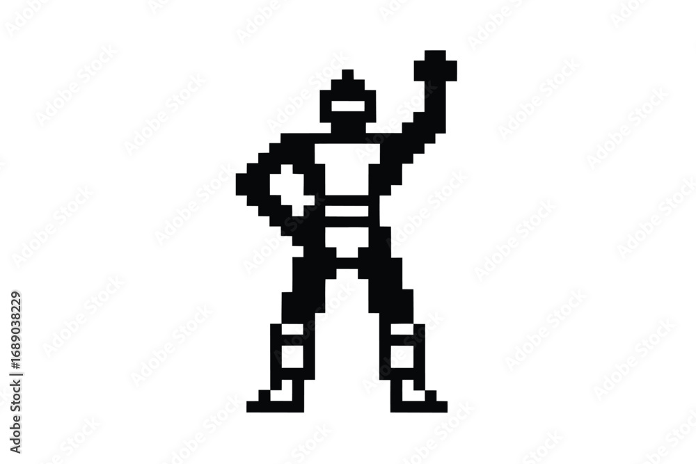 Obraz premium Pixelated Black Character with Raised Hand and Hand on Hip on White Background