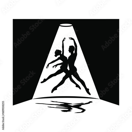 Spotlight on Dancing Couple Silhouette Illustration with Dramatic Lighting Effect