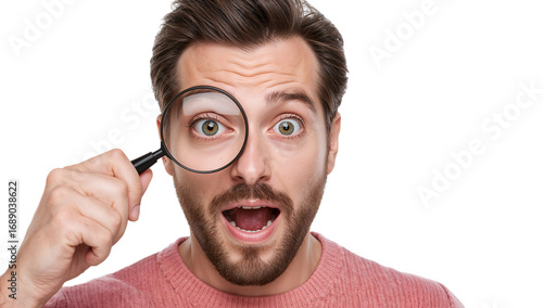 Surprised man using a magnifying glass, isolated on black background looking amazed and shocked