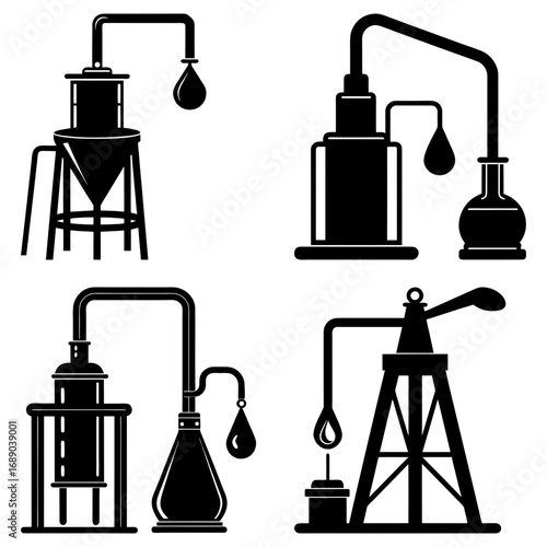 Illustration of four different distillation apparatuses in black and white silhouette style graphics