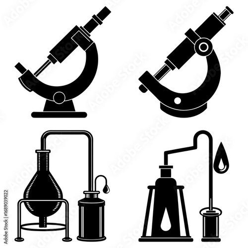 Illustration featuring two microscopes and two distillation apparatus in black and white style