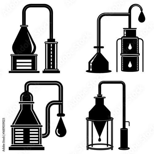 Illustration showing four different styles of distillation apparatus in a black and white design style