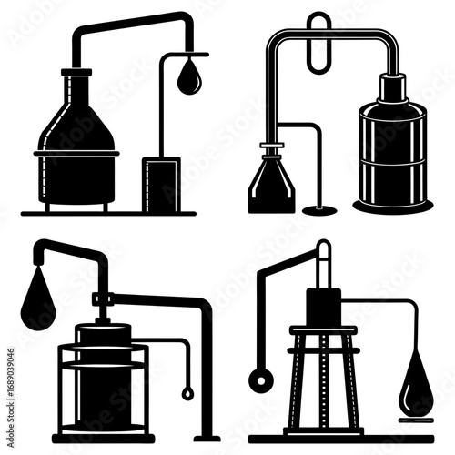 Illustration of four different types of distillation apparatus with flasks and tubing in black and white style