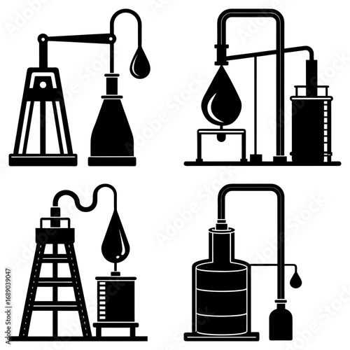 Illustration showing four different depictions of distillation apparatus in black and white style