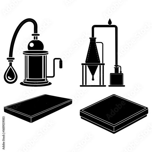 Illustration of two distillation apparatuses with tubes and liquid drops on two rectangular surfaces