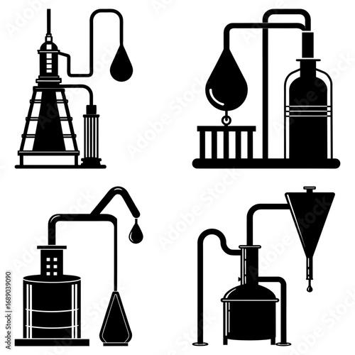 Illustration of four different distillation apparatuses in black and white silhouette style drawing art