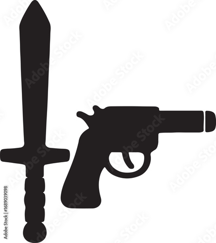 A black silhouette of a sword and a revolver gun side by side