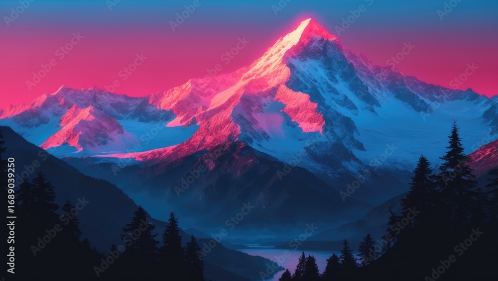 Fototapeta premium Colorful mountain landscape with snow-capped peaks, vibrant pink and blue sky, and silhouettes of trees in the foreground.