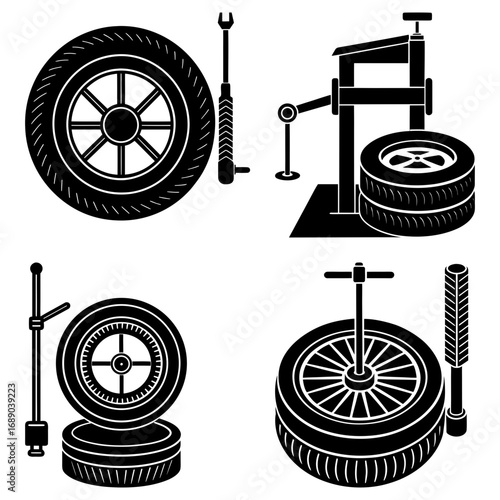 Illustration showing tire repair equipment including tire wrench and tire changing machine in black and white